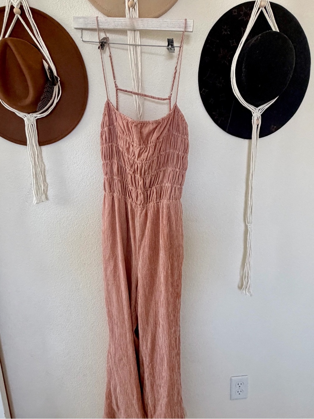 SAGE The Label Striped romper in Rust & Cream with an open back.